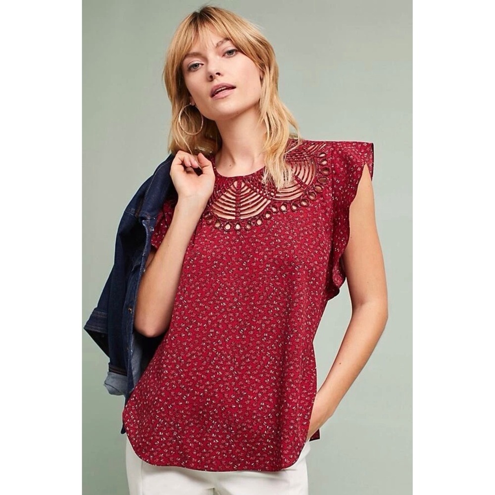 Anthropologie Ranna Gill - Red Floral Satin Blouse with Cutouts Size Small